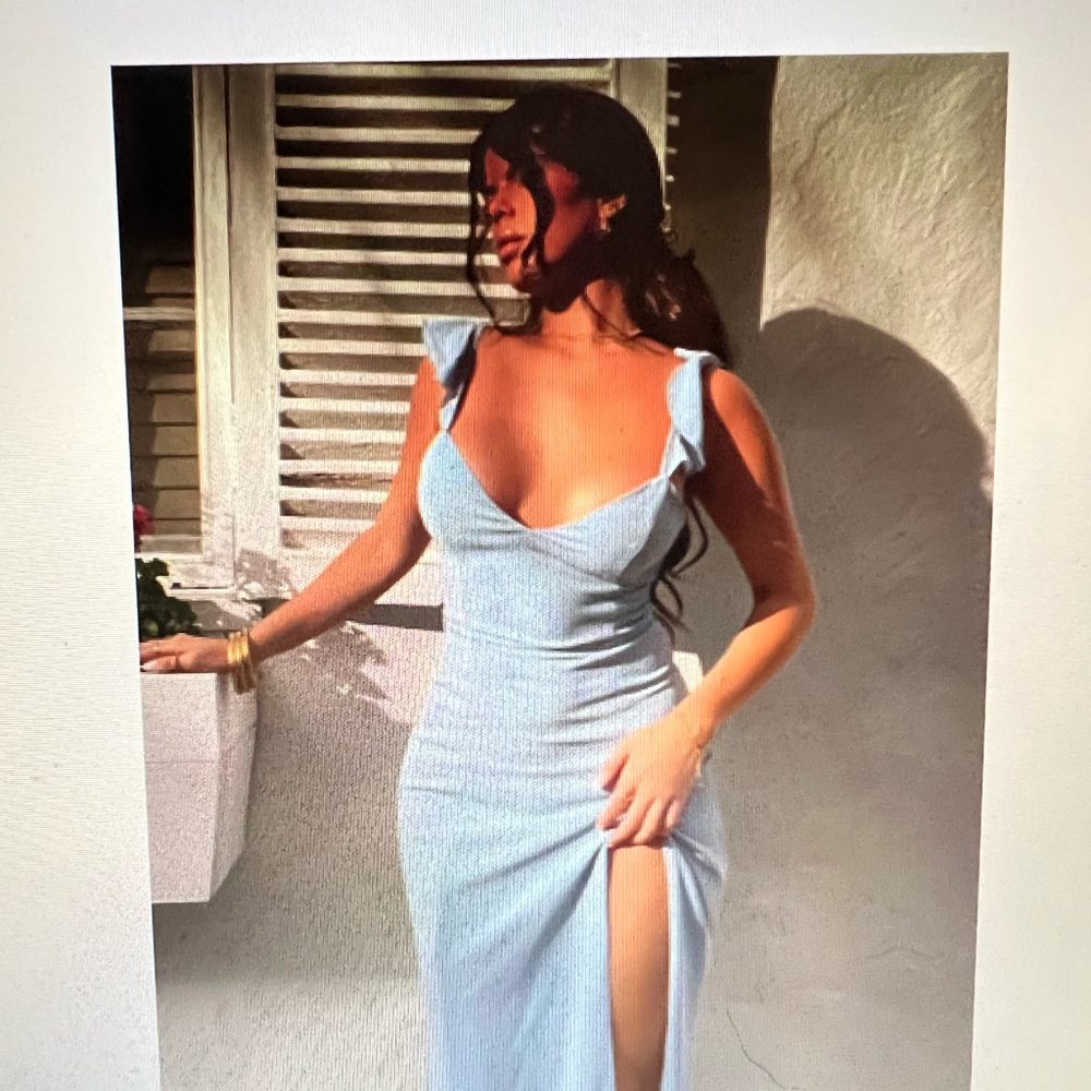 COPY - More than this ruffle strap maxi dress in light blue never worn NWT. Sho…